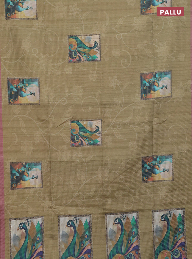 Chappa saree mehendi green and pastel brown with allover zari checked pattern & digital prints and printed pallu