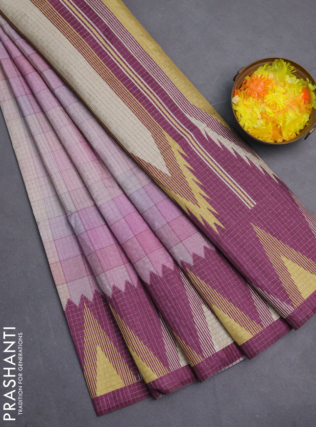 Chappa saree multi colour and wine shade with allover zari checked pattern and temple design border