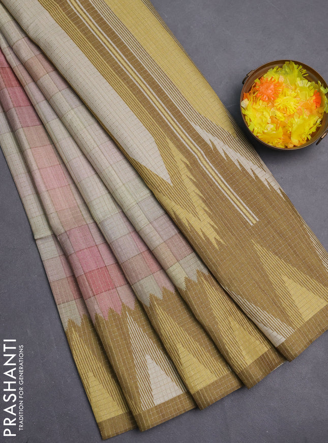 Chappa saree pastel peach and mehendi green with allover zari checked pattern and temple design border