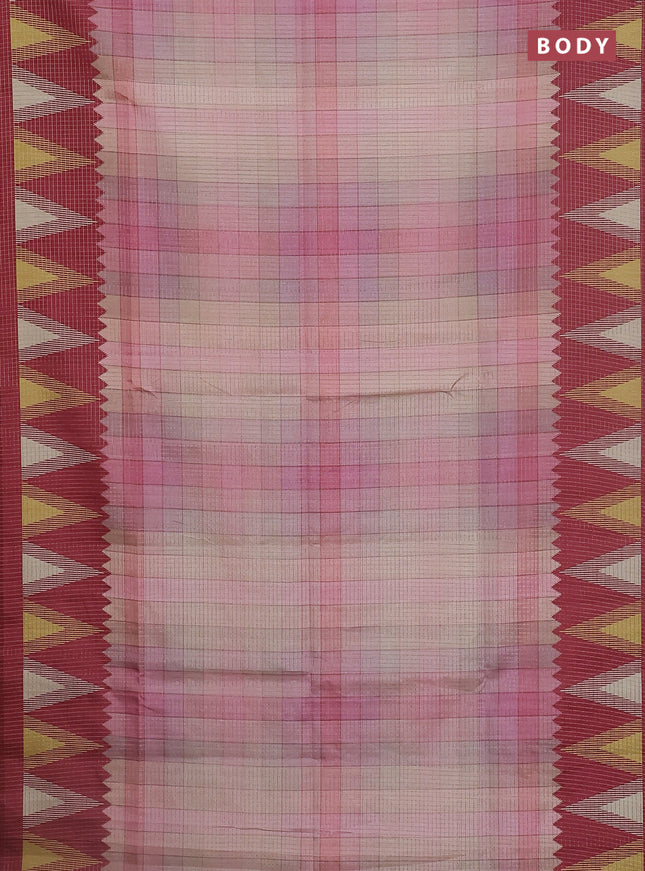 Chappa saree pastel peach and maroon with allover zari checked pattern and temple design border