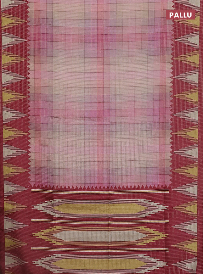 Chappa saree pastel peach and maroon with allover zari checked pattern and temple design border
