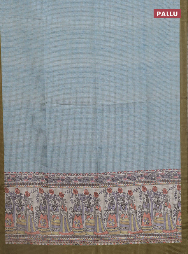 Chappa saree pastel blue and mehendi green with allover zari checked pattern and madhubani printed pallu