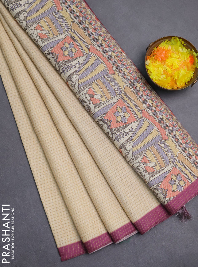 Chappa saree cream and wine shade with allover zari checked pattern and madhubani printed pallu