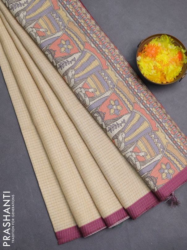 Chappa saree cream and wine shade with allover zari checked pattern and madhubani printed pallu