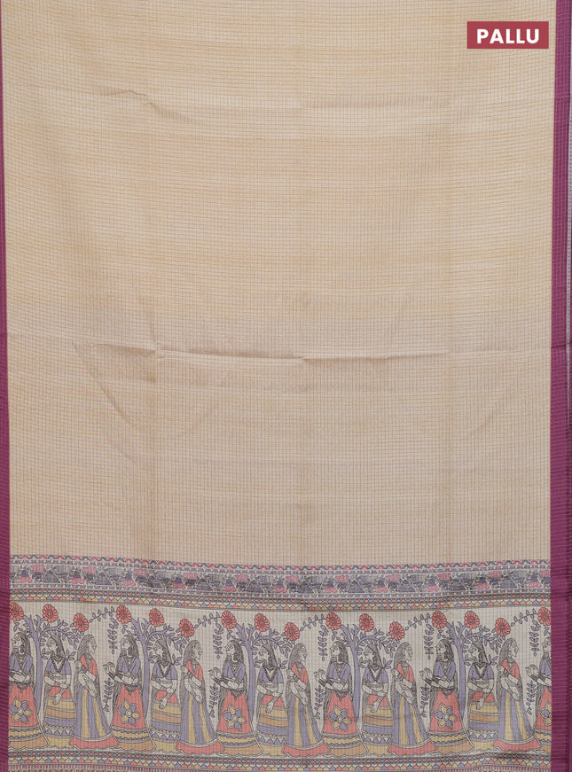 Chappa saree cream and wine shade with allover zari checked pattern and madhubani printed pallu
