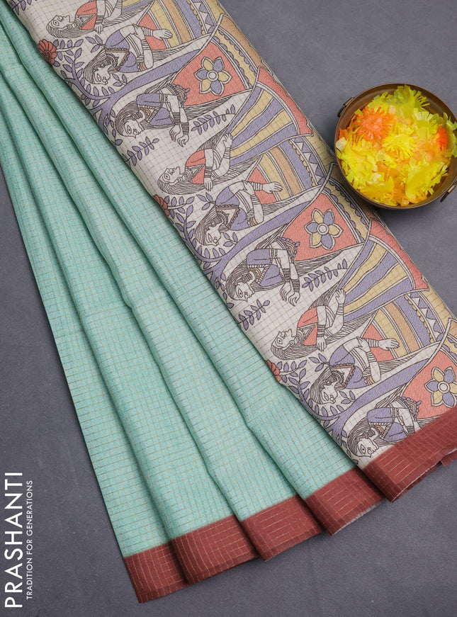 Chappa saree teal green and brown with allover zari checked pattern and madhubani printed pallu