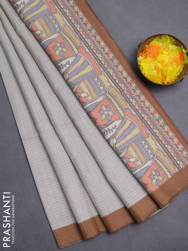 Chappa saree pastel grey and dark mustard with allover zari checked pattern and madhubani printed pallu