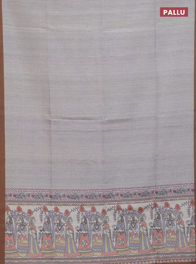 Chappa saree pastel grey and dark mustard with allover zari checked pattern and madhubani printed pallu