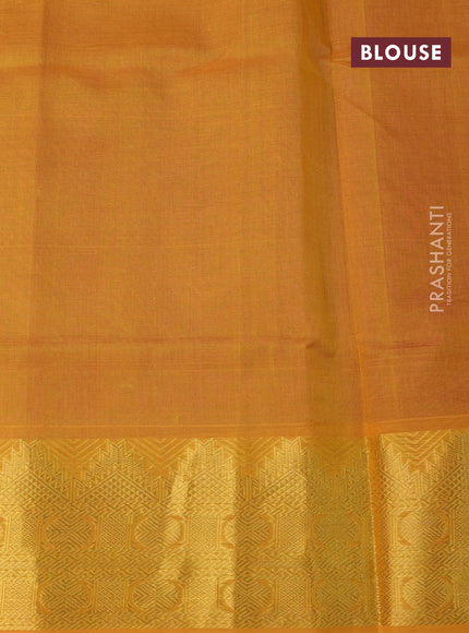 Silk cotton saree magenta pink and mustard yellow with plain body and temple design zari woven border