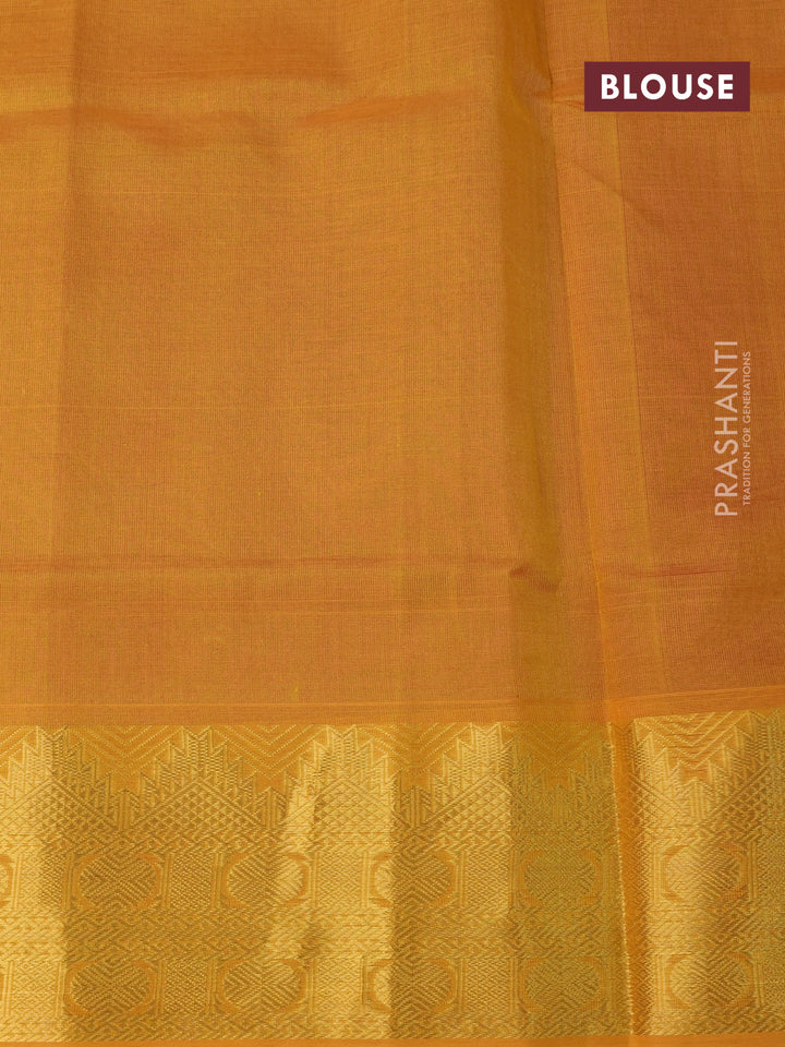 Silk cotton saree magenta pink and mustard yellow with plain body and temple design zari woven border