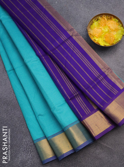 Silk cotton saree cs blue and blue with plain body and zari woven border