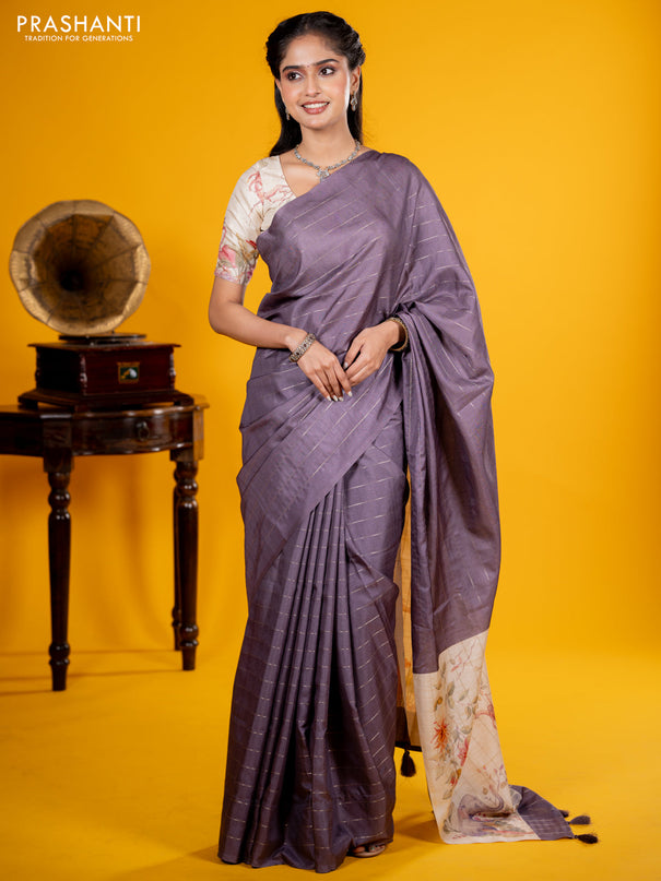 Semi tussar saree grey shade and cream with allover zari weaves in borderless style & printed pallu