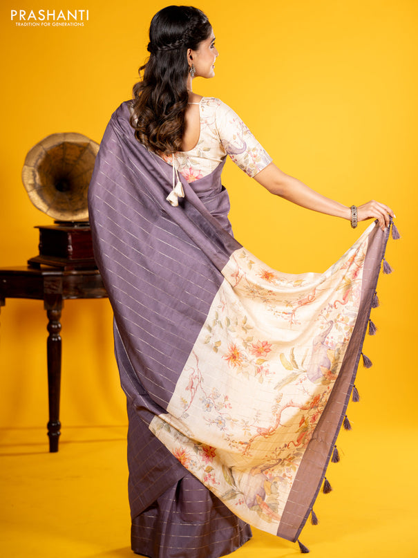 Semi tussar saree grey shade and cream with allover zari weaves in borderless style & printed pallu