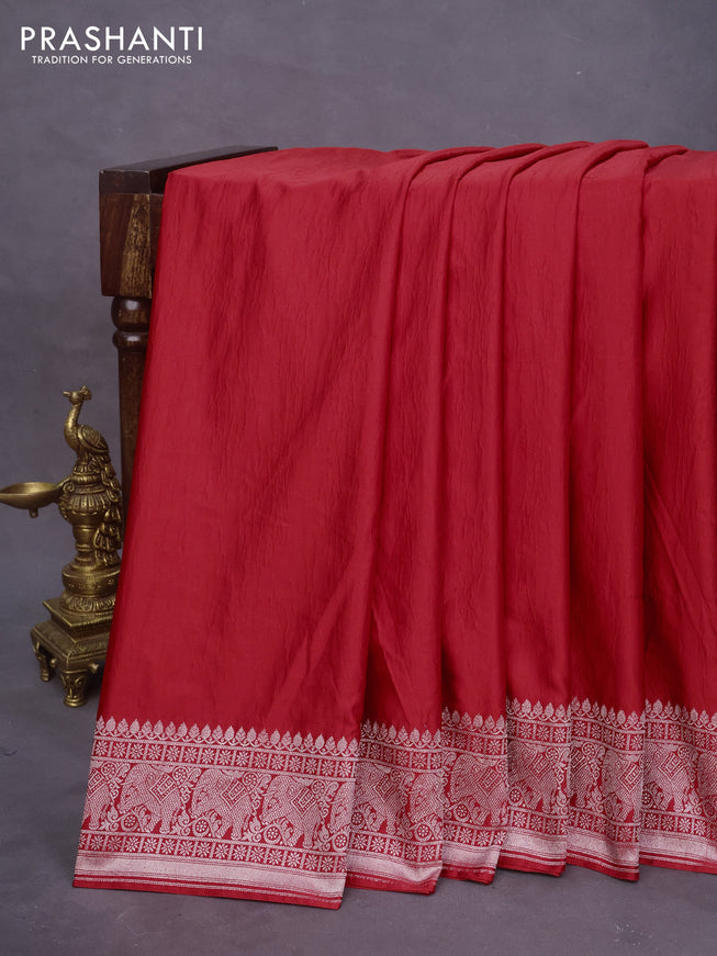 Banarasi crush crepe saree red with plain body and silver zari woven elephant border