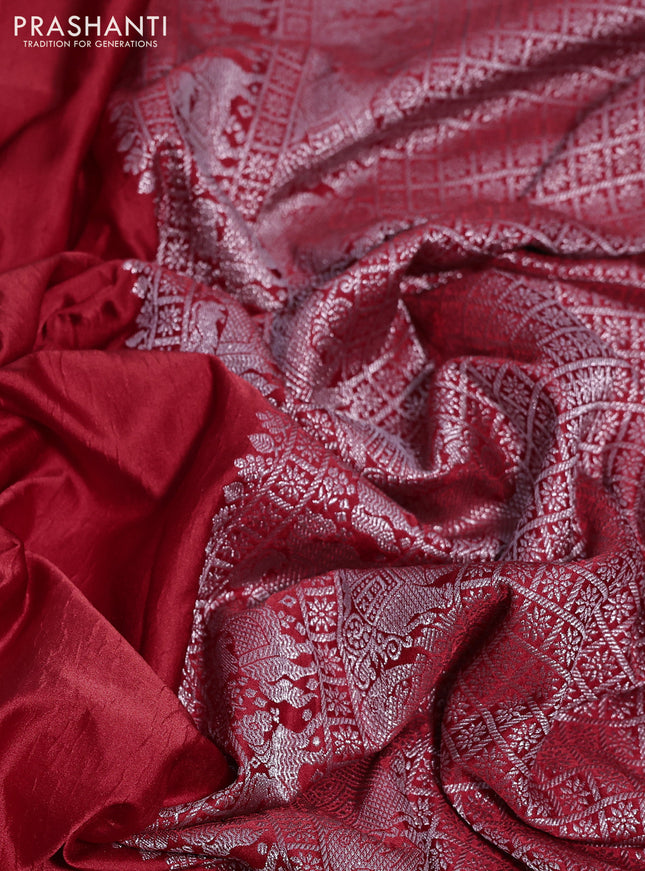 Banarasi crush crepe saree red with plain body and silver zari woven elephant border