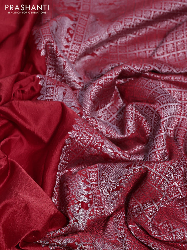 Banarasi crush crepe saree red with plain body and silver zari woven elephant border