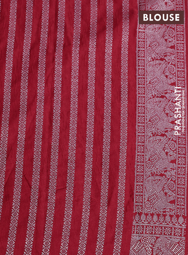 Banarasi crush crepe saree red with plain body and silver zari woven elephant border