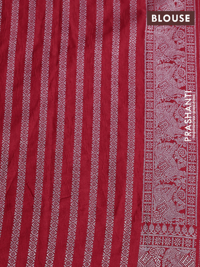 Banarasi crush crepe saree red with plain body and silver zari woven elephant border