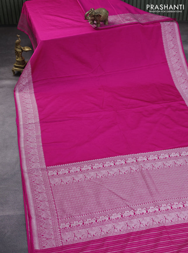 Banarasi crush crepe saree pink with plain body and silver zari woven elephant border