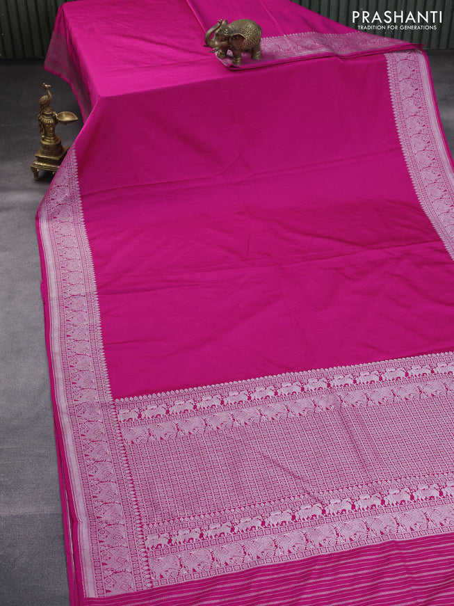 Banarasi crush crepe saree pink with plain body and silver zari woven elephant border