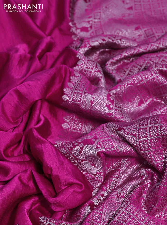 Banarasi crush crepe saree pink with plain body and silver zari woven elephant border