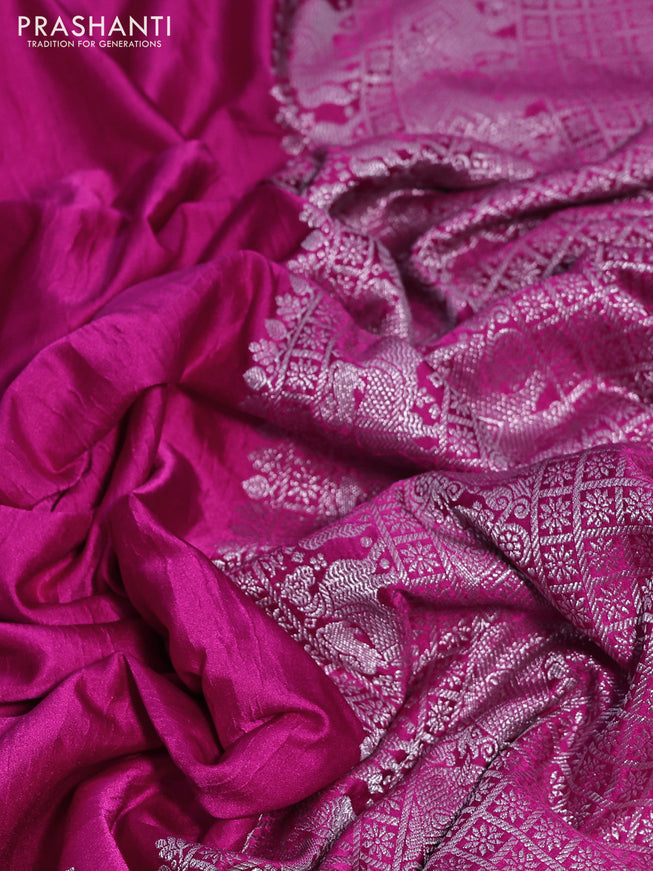 Banarasi crush crepe saree pink with plain body and silver zari woven elephant border