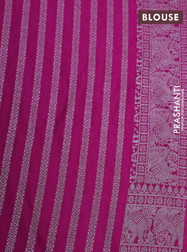 Banarasi crush crepe saree pink with plain body and silver zari woven elephant border