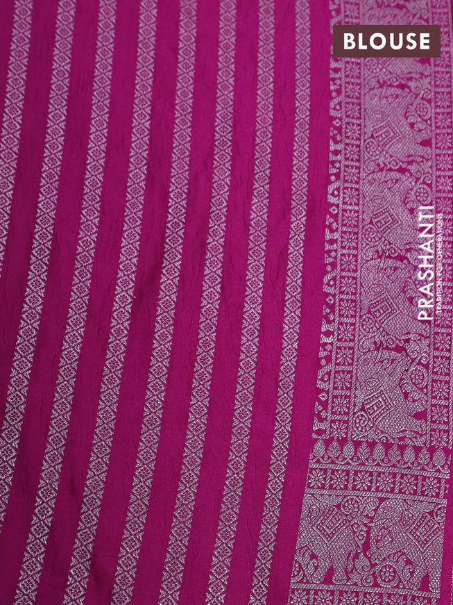 Banarasi crush crepe saree pink with plain body and silver zari woven elephant border