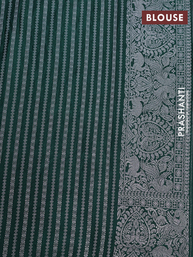 Banarasi crush crepe saree dark green with plain body and silver zari woven border