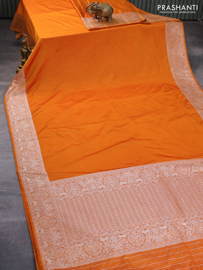 Banarasi crush crepe saree mustard yellow with plain body and silver zari woven border