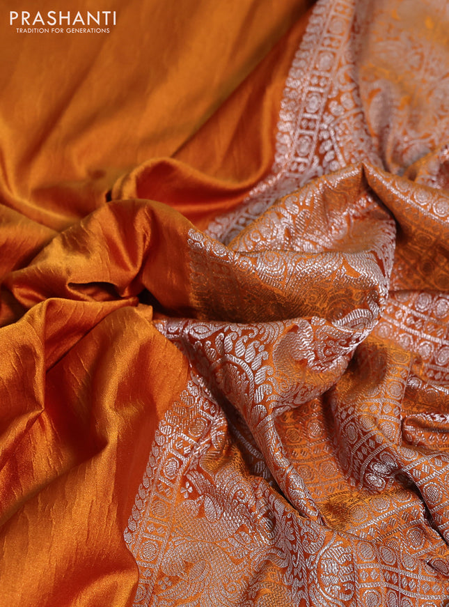 Banarasi crush crepe saree mustard yellow with plain body and silver zari woven border