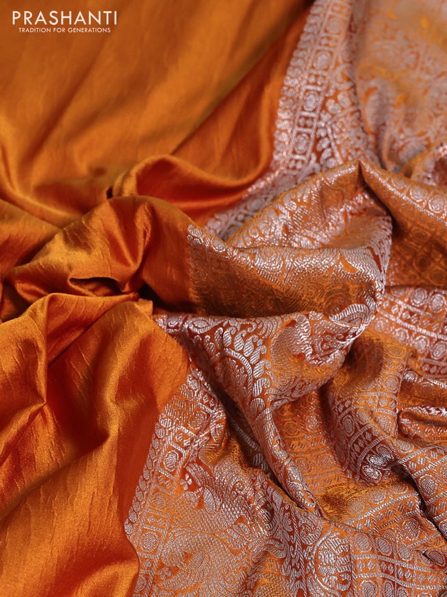 Banarasi crush crepe saree mustard yellow with plain body and silver zari woven border