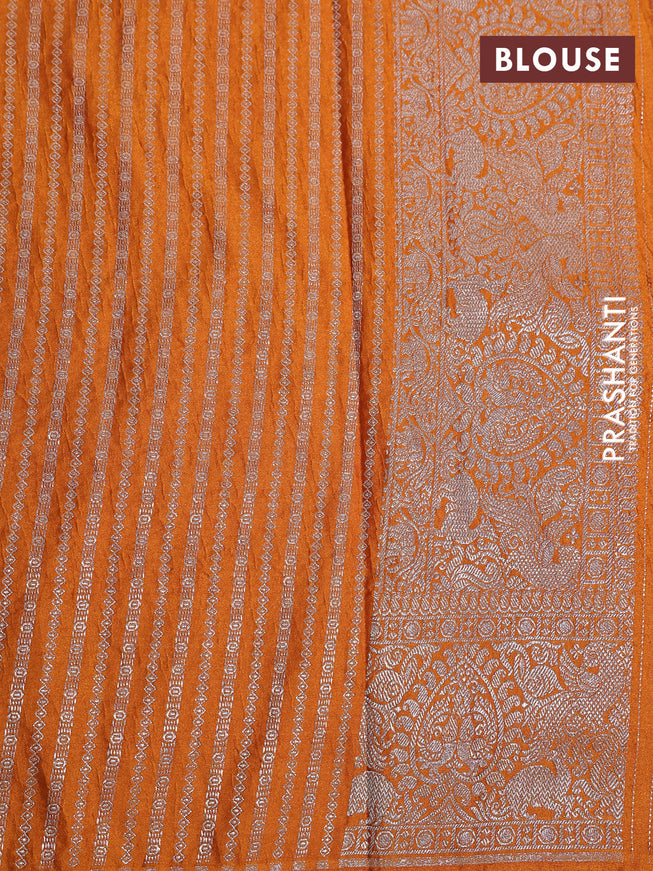 Banarasi crush crepe saree mustard yellow with plain body and silver zari woven border