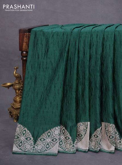 Banarasi crush crepe saree dark green with plain body and zari woven border