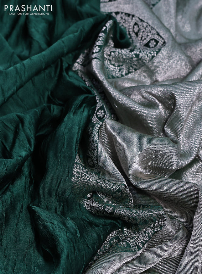 Banarasi crush crepe saree dark green with plain body and zari woven border