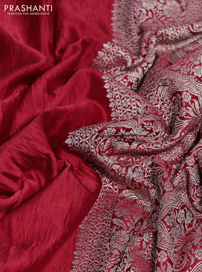 Banarasi crush crepe saree red with plain body and zari woven floral border