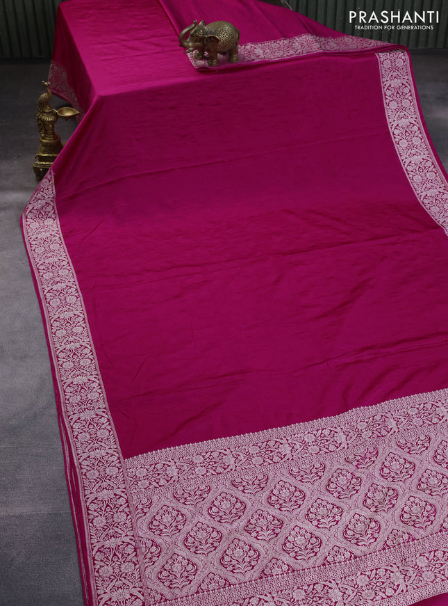 Banarasi crush crepe saree pink with plain body and zari woven floral border