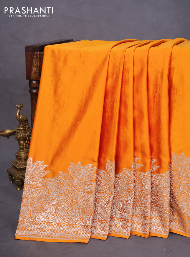 Banarasi crush crepe saree mustard yellow with plain body and zari woven border