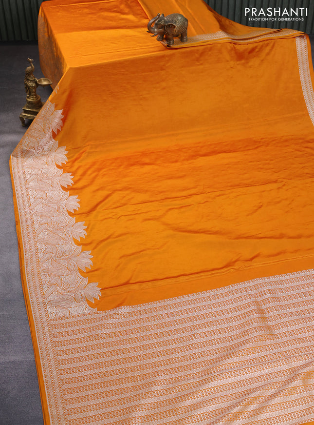 Banarasi crush crepe saree mustard yellow with plain body and zari woven border