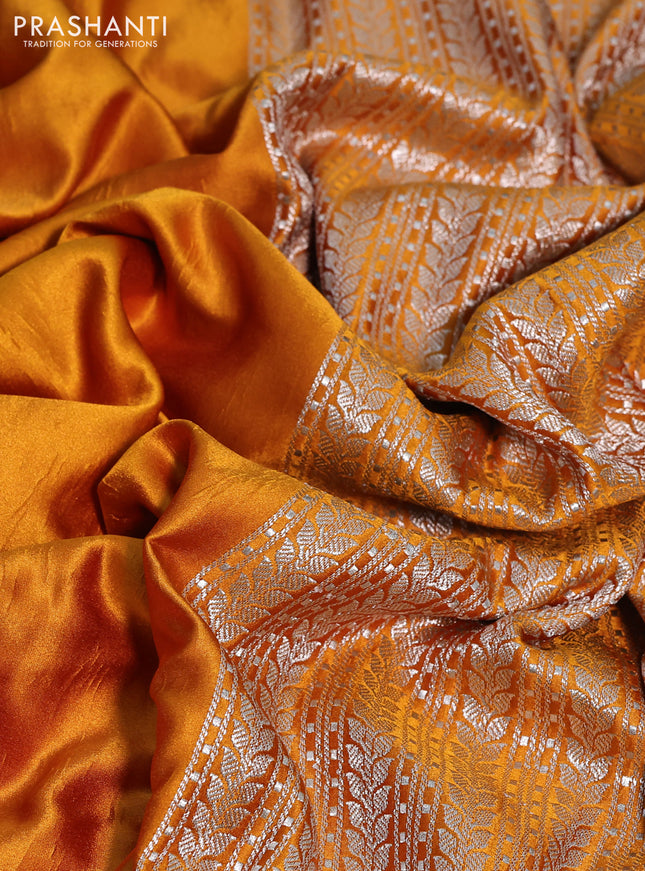 Banarasi crush crepe saree mustard yellow with plain body and zari woven border