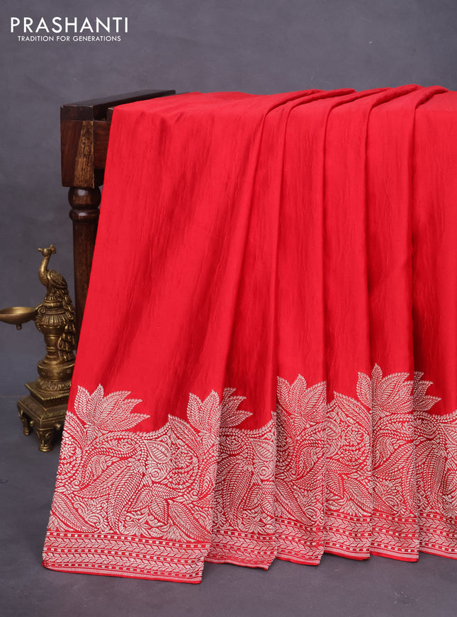 Banarasi crush crepe saree red with plain body and zari woven border