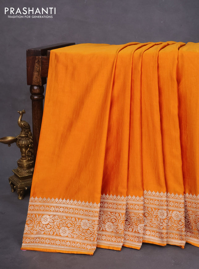 Banarasi crush crepe saree mustard yellow with plain body and zari woven border