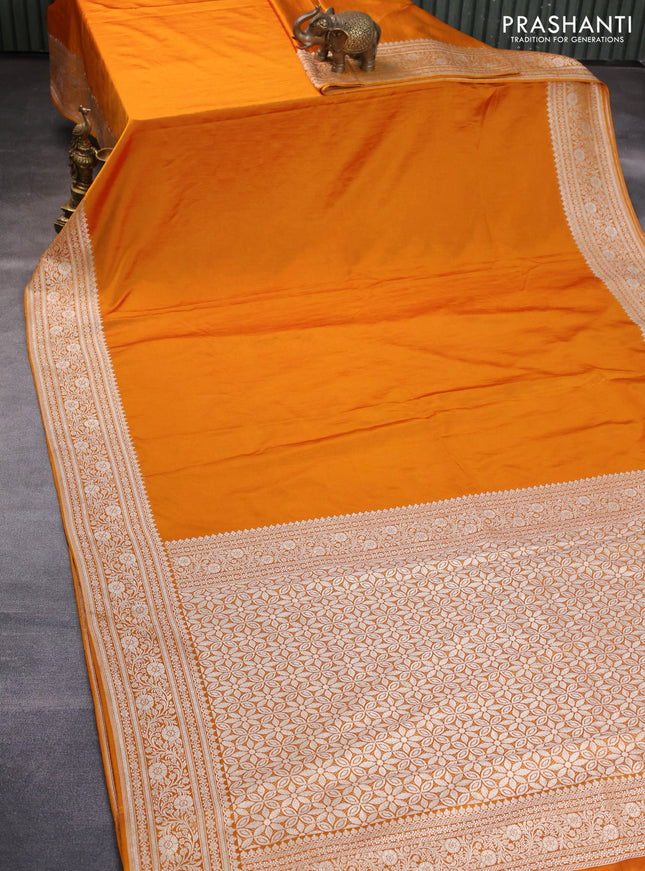 Banarasi crush crepe saree mustard yellow with plain body and zari woven border