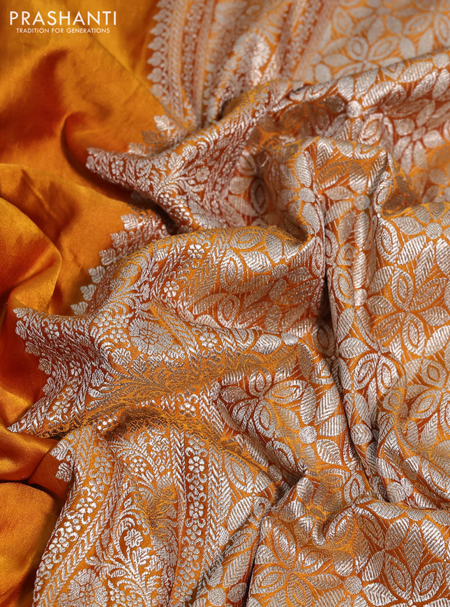 Banarasi crush crepe saree mustard yellow with plain body and zari woven border