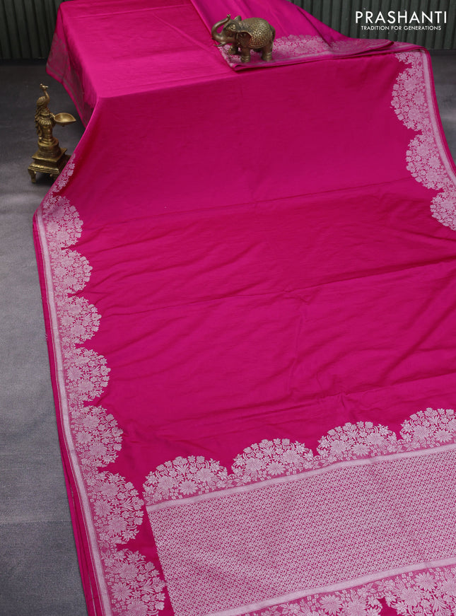 Banarasi crush crepe saree pink with plain body and silver zari woven floral border