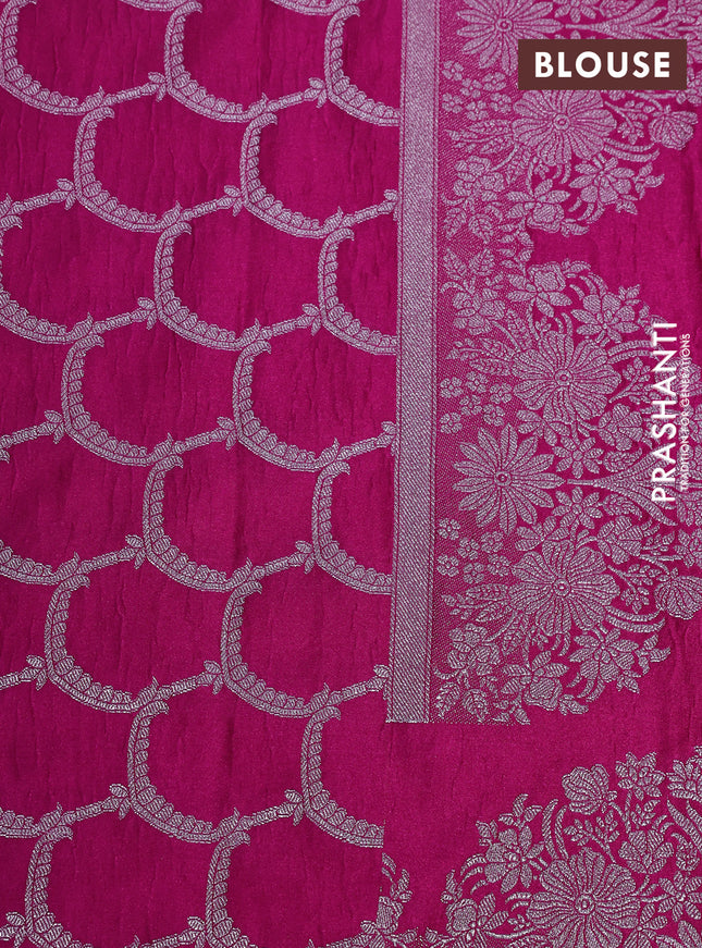 Banarasi crush crepe saree pink with plain body and silver zari woven floral border