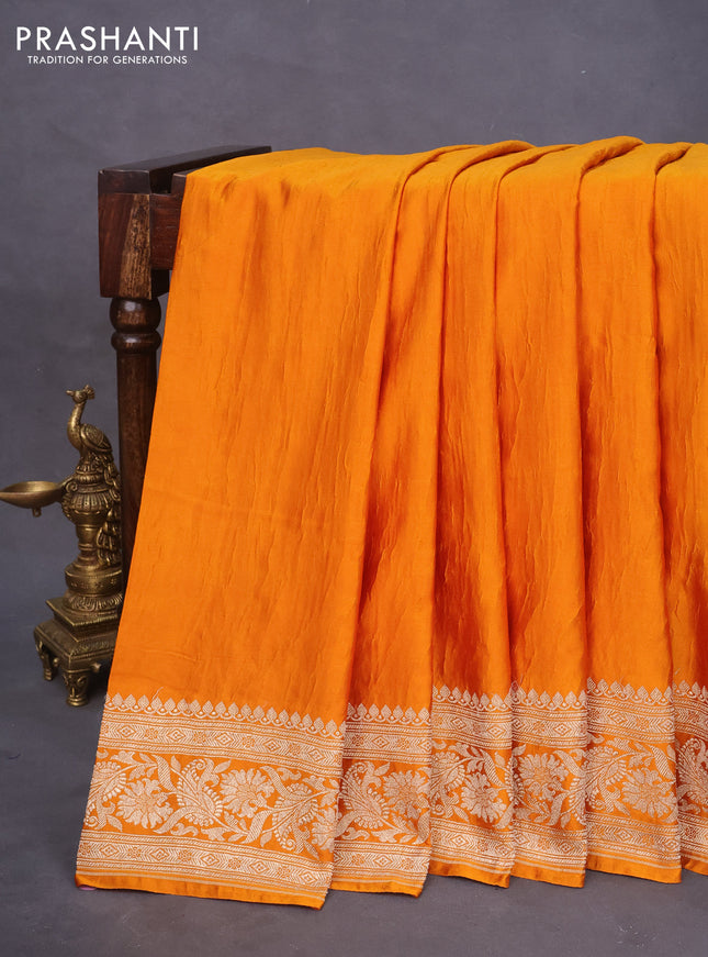 Banarasi crush crepe saree mango yellow with plain body and zari woven border