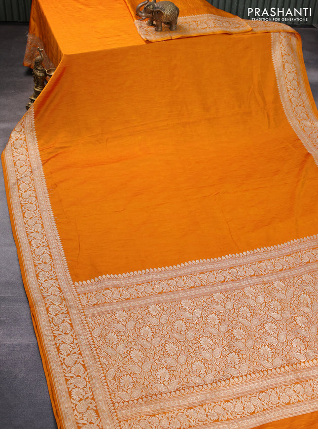 Banarasi crush crepe saree mango yellow with plain body and zari woven border