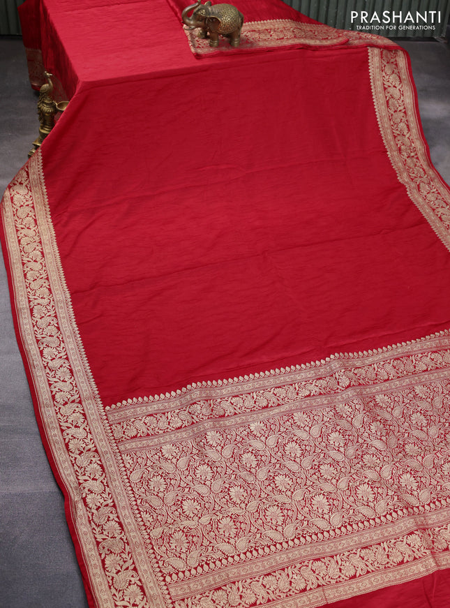 Banarasi crush crepe saree red with plain body and zari woven border