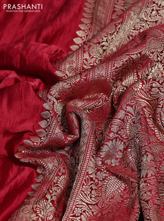 Banarasi crush crepe saree red with plain body and zari woven border